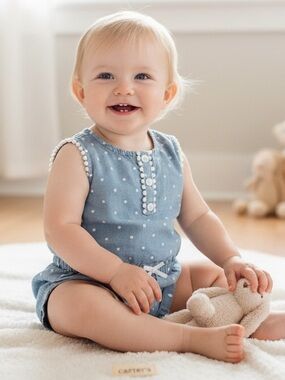 Carter's Blue Chambray Polka Dot Baby Romper